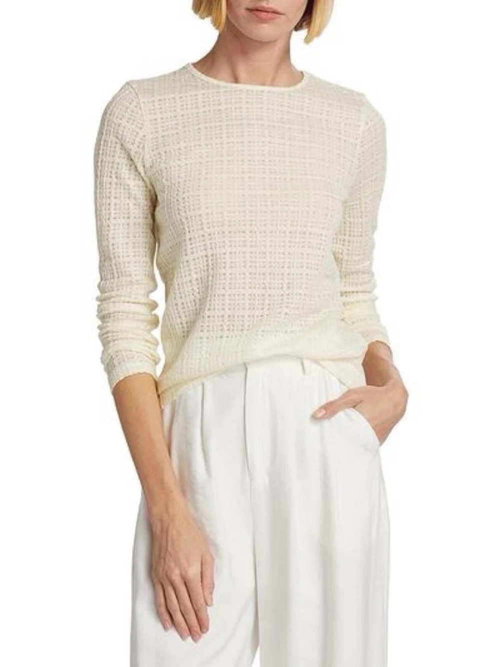 VINCE - Plaid Jacquard Wool Blend Cream Textured Crewneck Longsleeved Top, Sz L
